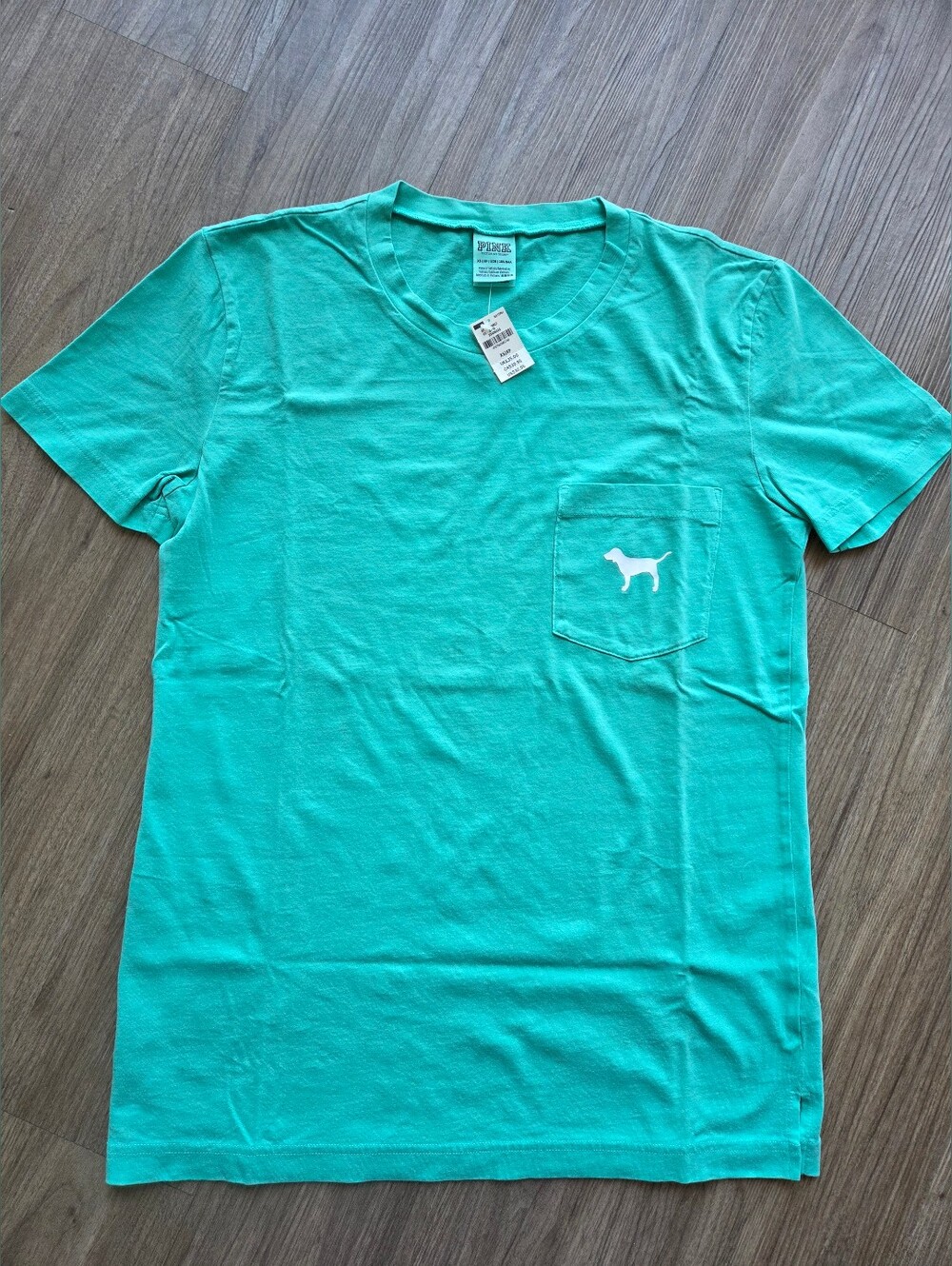 NWT Vintage PINK Victoria’s Secret Teal Campus Pocket Crew Tee XS White Dog Logo